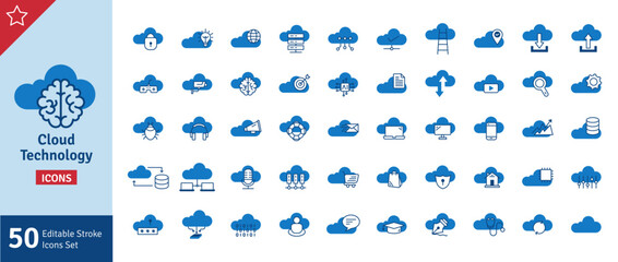 Cloud Technology Icons Set Blue. Editable Stroke. Cloud Computing, Cloud Service, Network, Database, Online Storage Related Vector Line Icons Set.