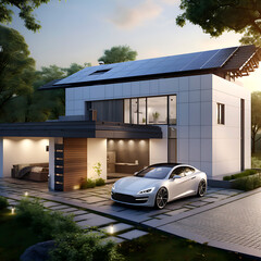 Electric futuristic car parked with charging station in a modern ecological eco house with solar green power panels, smart home technology. Renewable energy concept. future technologie. Generative ai