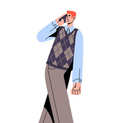 Young office worker talks by smartphone on the go. Business man communicates by phone call. Employee in checkered vest walking, turns around, looking back. Flat isolated vector illustration on white