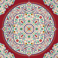 Gold and red seamless pattern with mandala ornament. Traditional Arabic, Indian motifs. Great for fabric and textile, wallpaper, packaging or any desired idea.