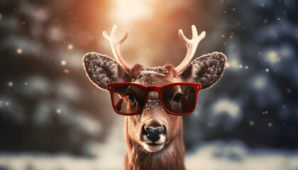 christmas reindeer with sunglasses - obrazy, fototapety, plakaty