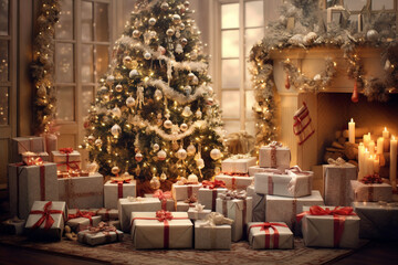 Fototapeta na wymiar Gifts of Wonder: Christmas Presents Beneath a Sparkling Tree