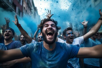 crowd of men in blue  cheering in the streets. Celebrating men in the society - obrazy, fototapety, plakaty