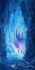 Schmale Landschaft mit einer Eishöhle  und Menschen