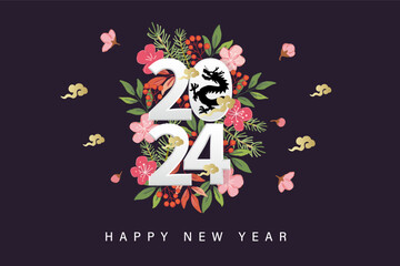 Happy new year 2024, Vector new year card design template, new year numbers and text, chinese dragon silhouette, winter plants.