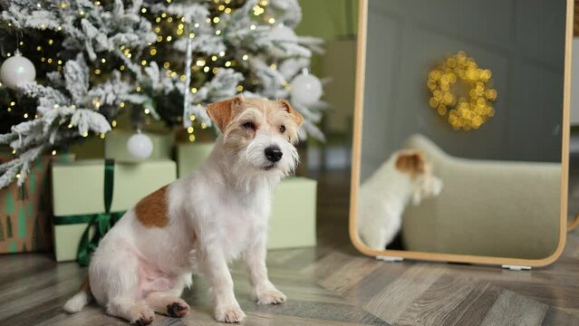 Dog in a festive New Year's house. A pet against the background of a decorated fir tree with gifts. Jack Russell Terrier greets guests. Christmas holiday concept