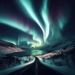 Fotobehang Beautiful landscape with aurora borealis © Deanmon