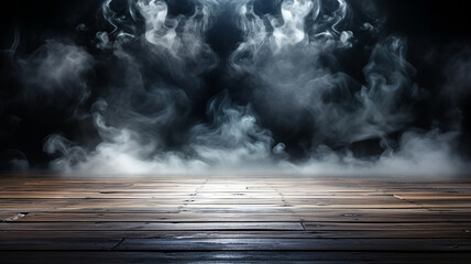 Wooden floor for display products. Empty wooden floor with darkness light and smoke background. Generative AI