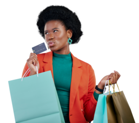 Credit card, shopping bag and black woman thinking of sale, deal or commerce on isolated, transparent or png background. Finance, payment and African customer with retail, cashback or budget success