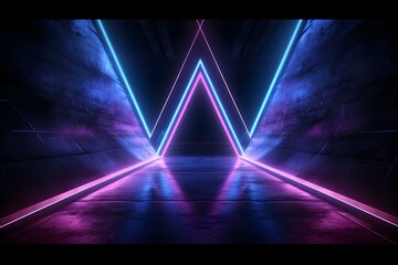 Sci Fi Futuristic Asphalt Cement Road Double Lined Concrete Walls Underground Dark Night Car Show Neon Laser Triangles Glowing Purple Blue Arc Virtual Stage Showroom 3d Rendering.