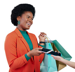Isolated woman, phone payment and shopping bag with pos, machine and deal by transparent png...