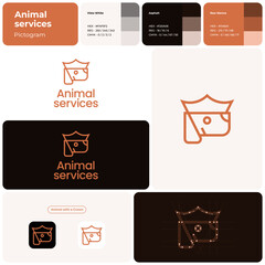 Naklejka premium Dog care services orange line business logo. Brand name. Premium quality business value. Dog with crown simple icon. Design element. Visual identity. Poppins font used. Suitable for branding