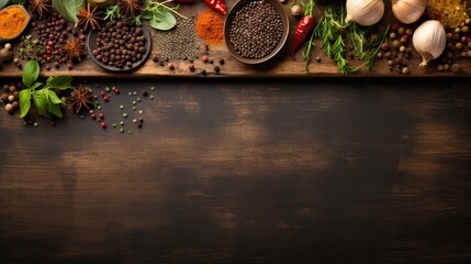 Obraz na płótnie Canvas Spices and herbs on dark wooden background. Food and cuisine ingredients.Top view with copy space