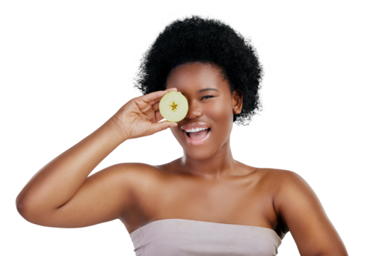 Happy black woman, portrait and apple for diet, natural nutrition or health isolated on png transparent background. Face, African female person or smile with organic fruit for fiber, vitamins or body