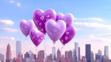 Valentine's Day Love in the City: Heart-shaped Violet-Purple Balloons Soaring Amidst Skyscrapers, Creating a Romantic Urban Skyline, Perfect for Celebrating Love and Passion on Valentine's Day