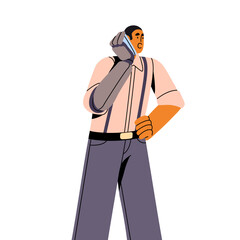 Disabled man use robotic, bionic hand. Business worker communicate by smartphone. Modern technology. Businessman wearing trousers with suspenders. Flat isolated vector illustration on white background