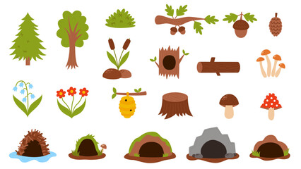 Collection of cute cartoon forest woodland nature elements. - obrazy, fototapety, plakaty