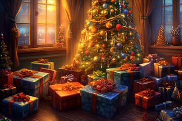 Naklejka na ściany i meble Gifts of Wonder: Christmas Presents Beneath a Sparkling Tree