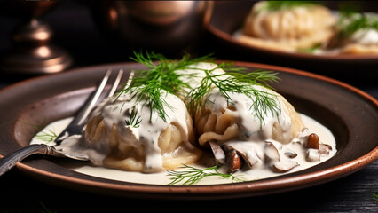 Food photography cooked mixed mushrooms in cream as main dish, on plate, 1 bread dumpling in the middle of plate, stand alone, bread, garnish, drinks 