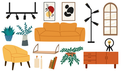 Living room interior flat style home elements set isolated on white. Vector sofa, armchair, shelves, decor, plants illustration © PawLoveArt