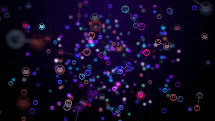 Abstract Business People Teams Networking With Violet Colorful Shiny Selected Focus Random Connected Lines And People Logo Wireframe Network