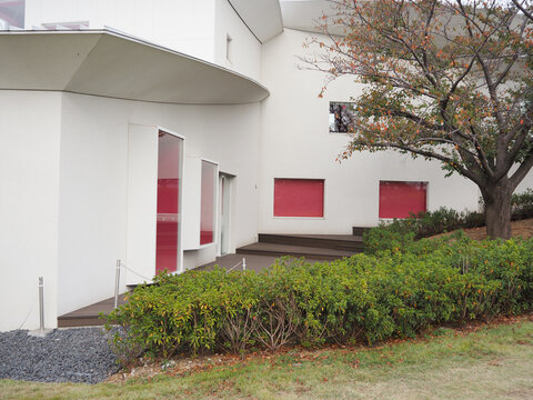 TOKYO, JAPAN - November 16, 2023: Detail of Kiki's Museum of Literature in Tokyo's Edogawa Ward. The building was designed by Kengo Kuma.