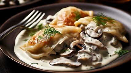 Food photography cooked mixed mushrooms in cream as main dish, on plate, one bread dumpling in the...