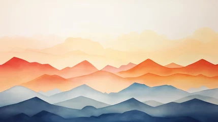 Poster Minimalist and simple watercolor painting of sunrise over mountains landscape © Chrixxi