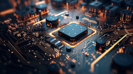 An electronic circuit board featuring intricate microchip arrangements.