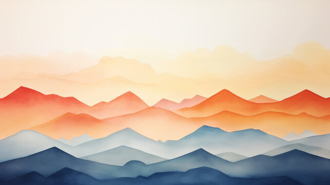 Minimalist and simple watercolor painting of sunrise over mountains landscape