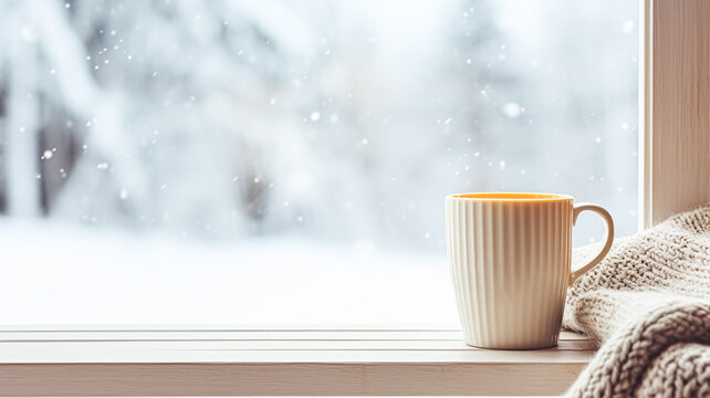 Winter holidays, calm and cosy home, cup of tea or coffee mug and knitted blanket near window in the English countryside cottage, holiday atmosphere