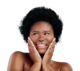 Health, skincare and young black woman with natural, cosmetic and facial routine. Beauty, smile and face of African female model with dermatology treatment isolated by transparent png background.