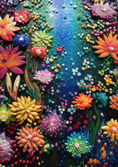 Fototapeta na wymiar Modern wallpaper with beads and flowers. In the style of hyper-realistic pop-art fusion. Generative AI