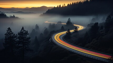Car light trails on the road in the mountains. Long exposure photo.