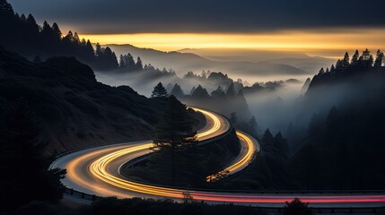 Car light trails on the road in the mountains. Long exposure photo. - obrazy, fototapety, plakaty