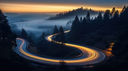 Car light trails on the road in the mountains. Long exposure photo.