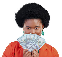Money fan, portrait and black woman with bank, loan or payment on isolated, transparent or png background. Budget, success and eyes of African model with cash, offer or poker, bingo or winner prize