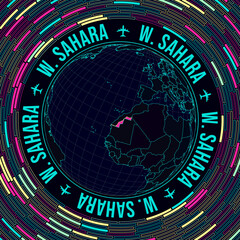 Western Sahara on globe. Satellite view of the world centered to Western Sahara. Bright neon style. Futuristic radial bricks background. Charming vector illustration.