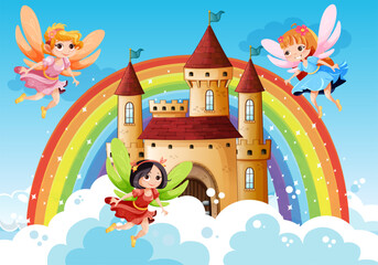 Faries flying on sky and castle background