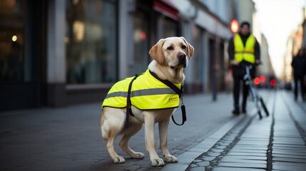 Guide dog in a yellow vest