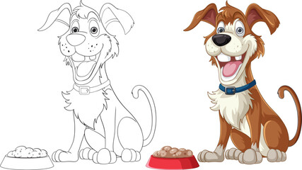 Excited Cartoon Dog Sitting in Front of Food