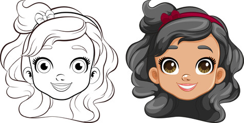 Cheerful Girl Cartoon Smiling Head Doodle Outline