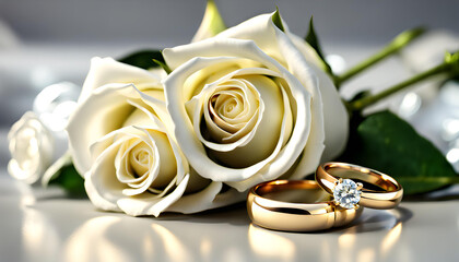 white rose flower and golden wedding ring