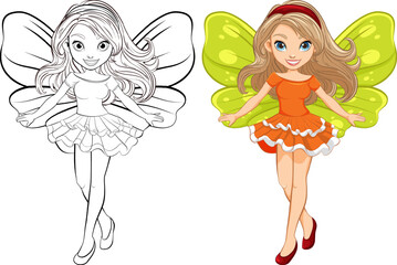Beautiful Fairy with Wings Cartoon Character and Outline