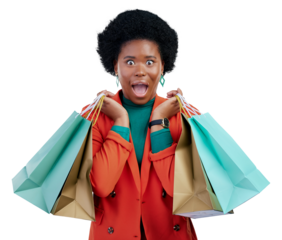 Wow, sale and portrait of black woman with shopping bags, deal or store promo on isolated, transparent or png background. Surprise, emoji and face of African customer with retail deal, news or gift