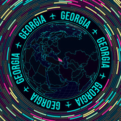 Georgia on globe. Satellite view of the world centered to Georgia. Bright neon style. Futuristic radial bricks background. Charming vector illustration.