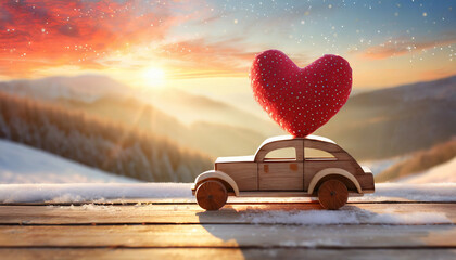 Valentine's day holiday celebration with a wooden toy car and heart shape