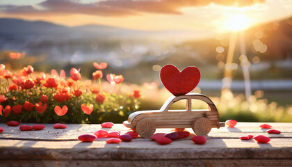 Valentine's day holiday celebration with a wooden toy car and heart shape - Powered by Adobe