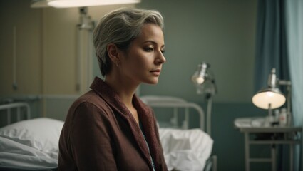 Obraz premium Heart-wrenching Contemplation: Woman Lost in Thoughts as Her Loved One Rests in the Hospital Room. 