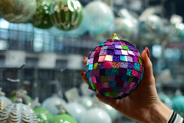 multi-colored shiny Christmas ball in a girl's hand on a blurred shimmering background